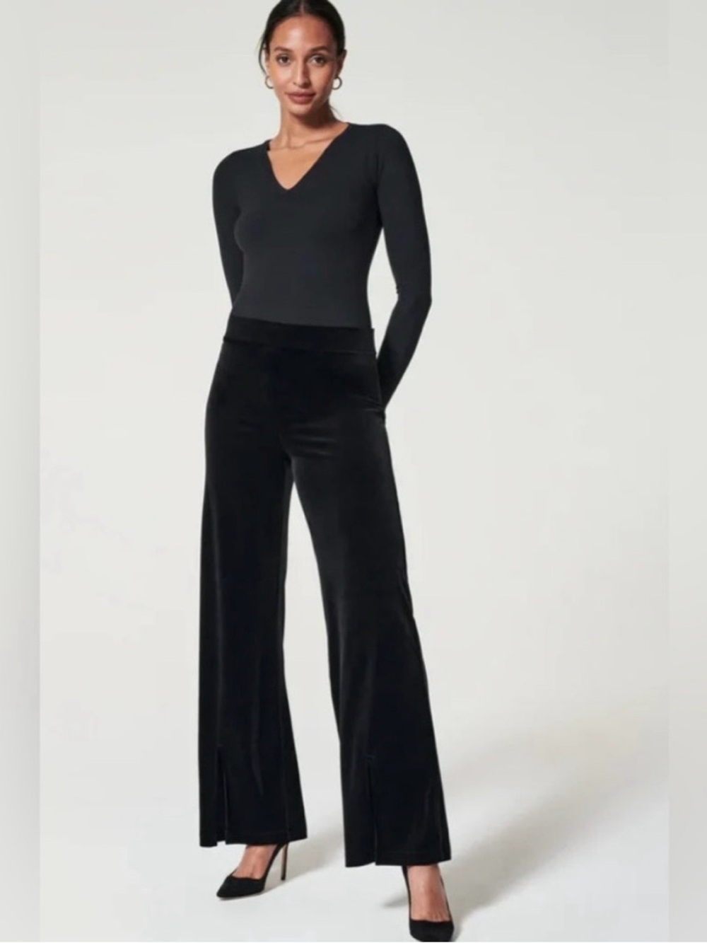 SPANX Black Wide-Leg Velvet Pants - Front Leg Split